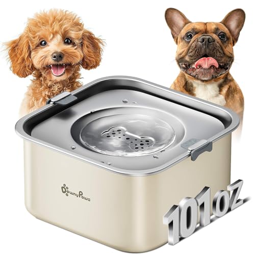 DownyPaws No Spill Water Bowl for Dogs,101oz/3L Slobber Stopper Stainless Steel, Slow Drinking Dog Water Bowl, No Mess Dog Water Dispenser Spill Proof, Dishwasher Safe, Beige