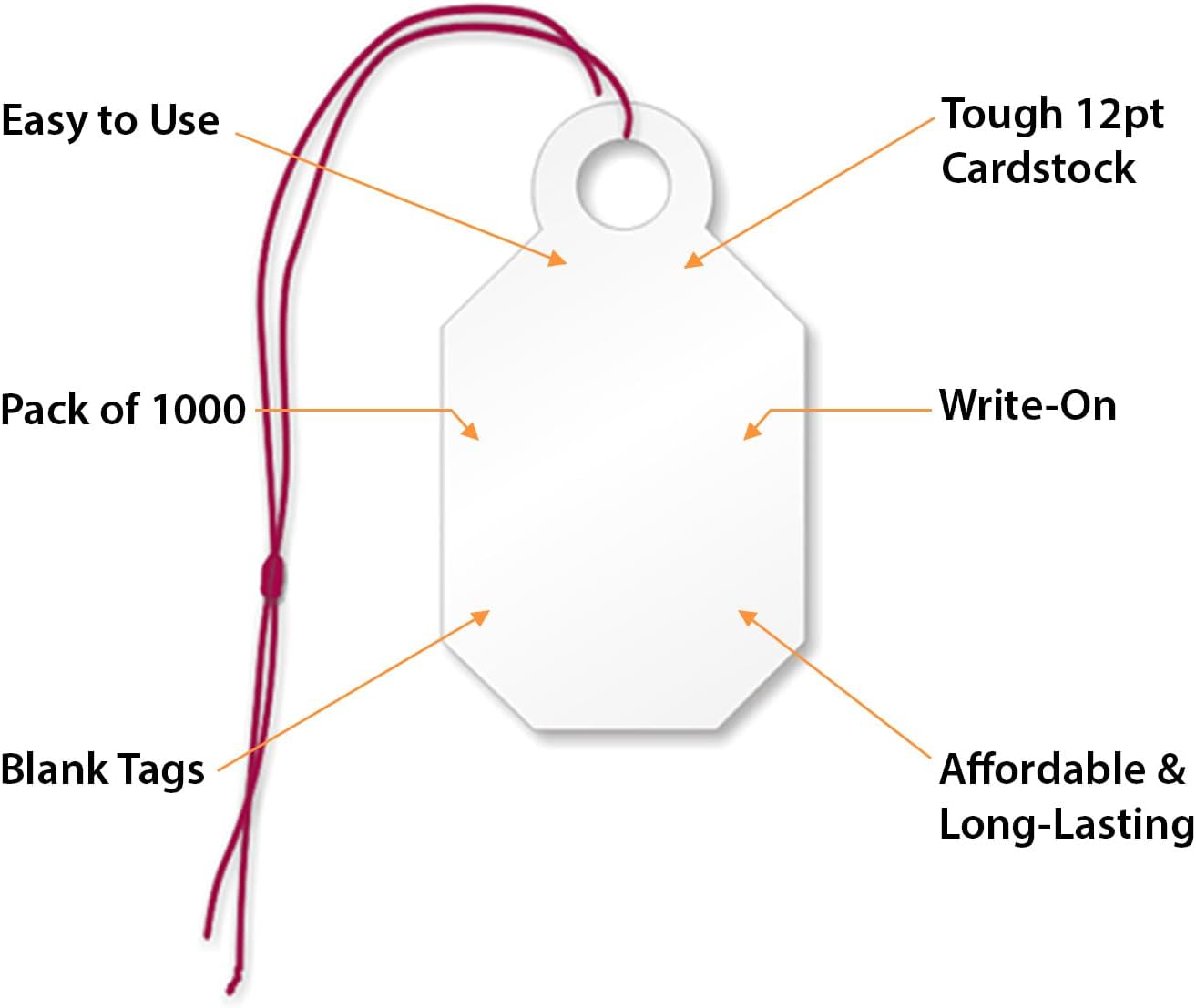 SmartSign 1000-Pack Blank Jewelry Tags, 0.875" x 0.5", Pre-Attached Burgundy Silk String, 12-pt Cardstock, Writable Price Tags for Rings, Necklaces, Bracelets