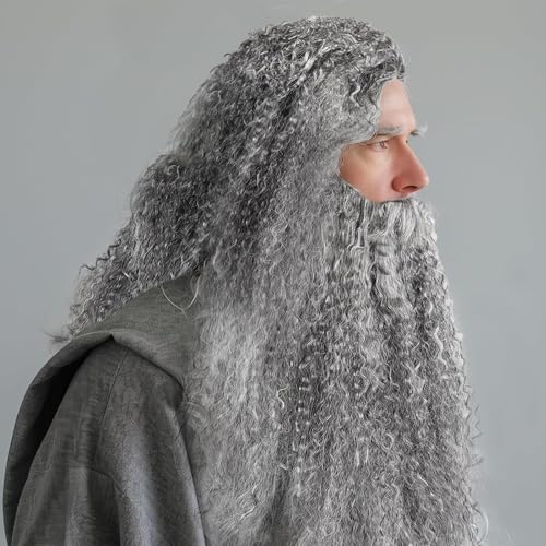 TINVSKQQKJ Grey Wizard Wig and Beard for Men Long Halloween Fake Wizard Beard for Halloween Cosplay Party - image 4