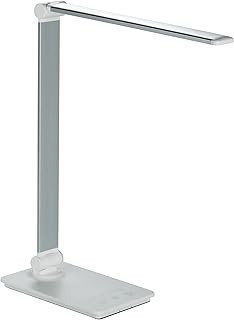 HERLLY Desk Lamp with Timer, USB Reading Lamp with 5 Lighting Modes, Dimmable LED Table Lamp for Work and Study, Eye-Caring Desk Light with Touch Control for Office and Home, Silver (00886)
