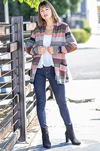 Image of Eloges Women's Multi Stripe Soft Knit Open Cardigan with Suede Elbow Patch
