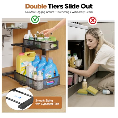 Image of 2 Pack 15.7IN-Depth Under Sink Organizer With Smooth Cylindrical Rail,2-Tier Pull Out Multi-Purpose Cabinet Storage for Bathroom&Kitchen,Height Adjustable,Rust-resistant Coating-Black