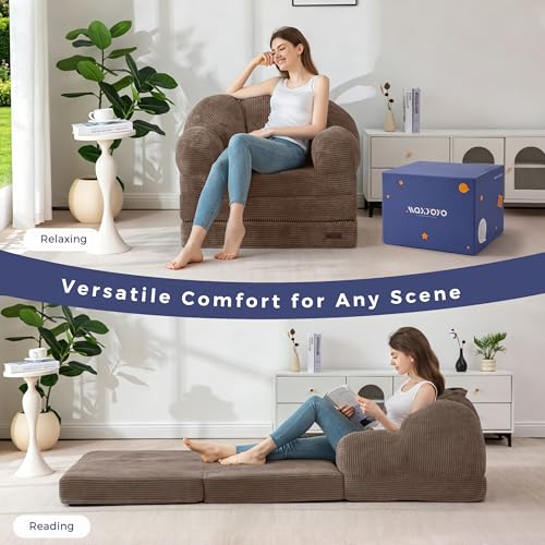 Image of MAXYOYO Folding Sofa Bed, Floral-Shaped Convertible Floor Sofa Couch withBackrest, 2 in 1 Comfy Lounger Bean Bag Chair with Handle, Floor Single Couch for Living Room Bedroom, Brown