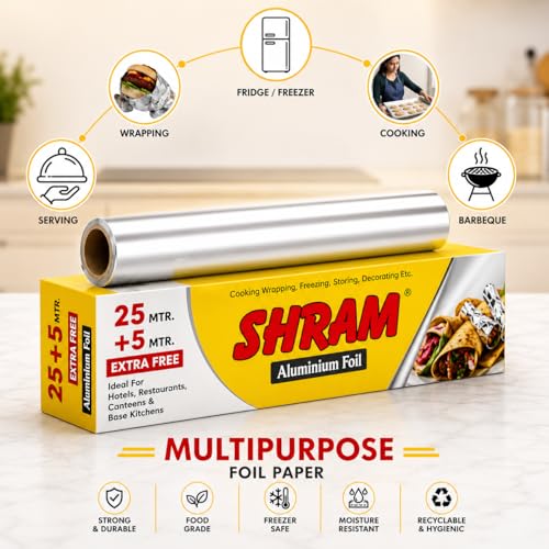 Image of Aluminium Foil 25 Meter + 5 Meter Free | 11 Micron Food Grade Kitchen Foil Roll | Safe Paper Zigzag Cutter | Multipurpose Foil for Home, Hotel & Restaurant Use | Baking, Grilling & Food Wrapping