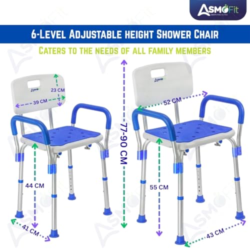 Image of Asmofit Shower Bench for Elderly,Senior Citizens and Patient with Padded Armrests and Back | Tool-Free Assembly BathChair with Anti-Slip Rubber Tips & Height Adjustable Shower Seat for Bathroom