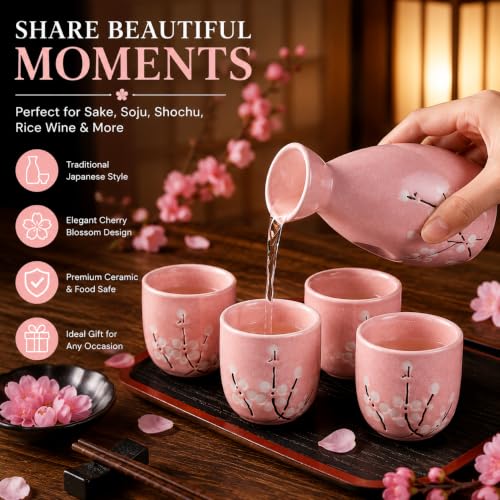 Image of Japanese Ceramic Sake Set - 5 Piece Pink Floral Blossom Sake Set with 1 Sake Bottle (Tokkuri) & 4 Sake Cups | Traditional Japanese Wine Set for Drinks, Shochu & Home Bar | House Warming | Gift Set