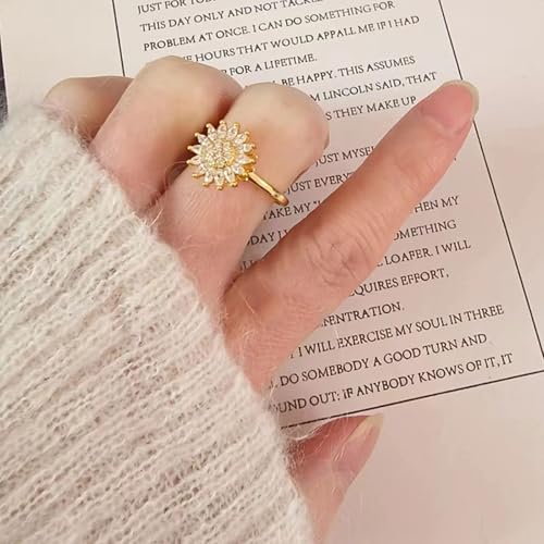 Sunflower Fidget Ring for Women Gold Anxiety Crystal Rings Cubic Zirconia Sunflower Open Adjustable Fidget Ring Spinner Sun Ring for Men Trendy Jewelry2