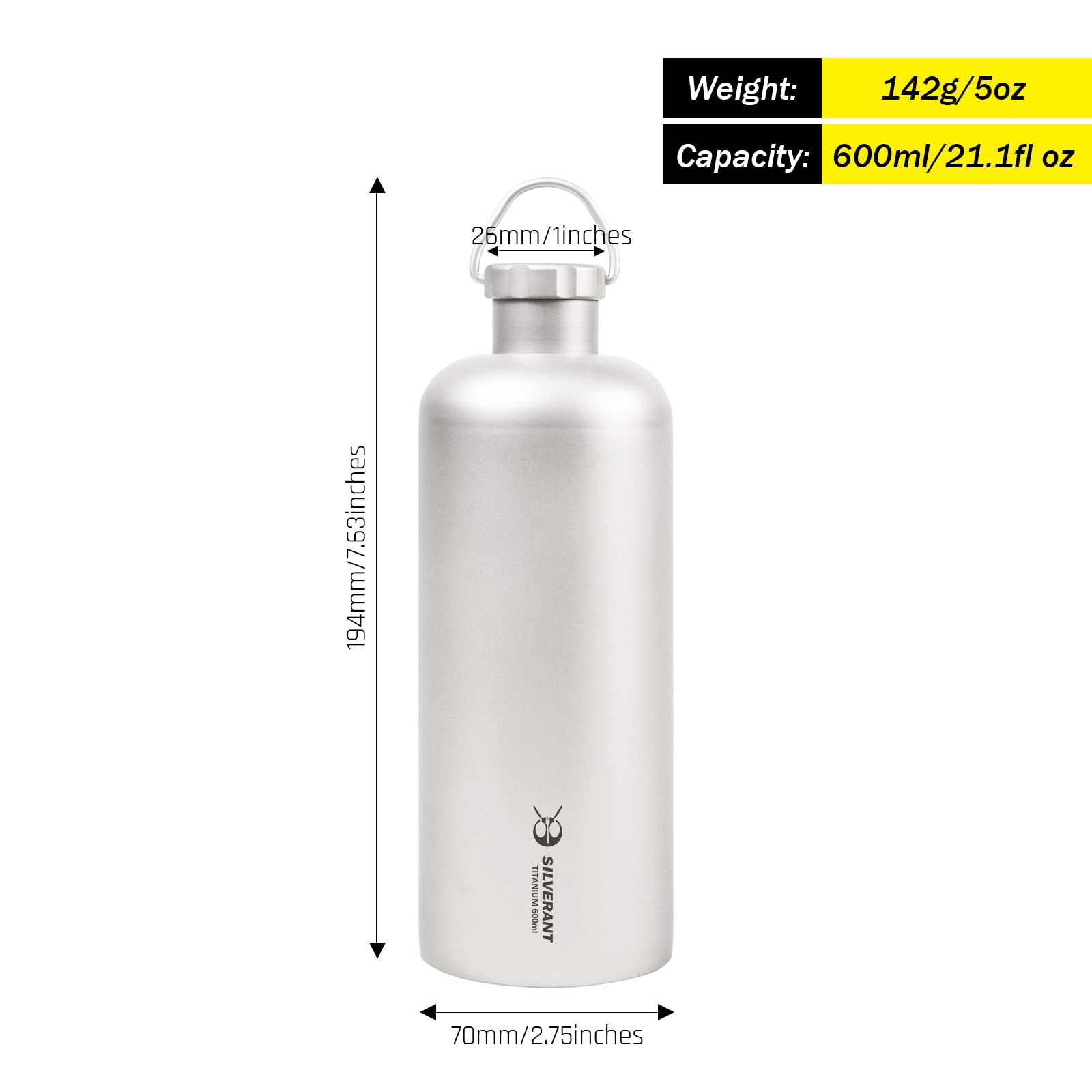 SILVERANT Bouteille d'eau ultralégère Titanium 600ml/21.1 fl oz - Pour le camping, la randonnée et les sports, bouteille réutilisable.