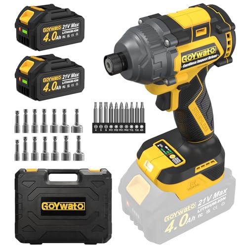 GoYwato 21V Cordless Impact Driver - 1/4 Hex Chuck Power Impact Drivers w/Brushless Motor & 2 x 4.0Ah Battery & Carry Case & Sockets & Screwdriver Bits - Impac Driver for Home Repair DIY Projects