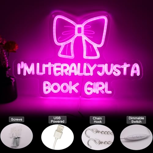 Image of I Am Literally Just A book Girl Neon Sign, Led Classroom Sign Wall Decor with Acrylic Backing, Dimmable USB Powered Neon Light for Bedroom, Living Room, Office, Bar Decor Holiday Birthday Gift