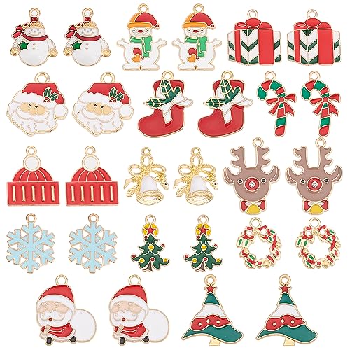 SUNNYCLUE 1 Box 56Pcs 14 Styles Christmas Charms Bulk Xmas Charm Winter Wreath Snowman Snowflake Tree Santa Claus Holiday Candy Cane Charm for jewellery Making Charms DIY Necklace Earring Adults Craft