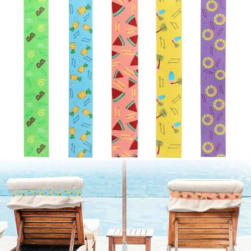 Solihigh 5Pcs Towel Bands for Sun Loungers 40x5cm Elastic beach towel bands Non-Slip Chair Towel Holders for Pool Sunbed Straps Accessories for Summer Beach(5 Styles)