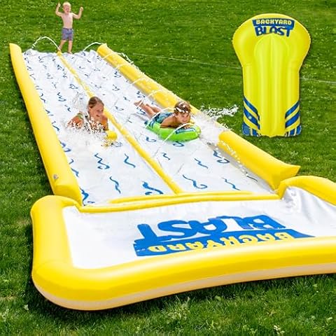 BACKYARD BLAST - 30' Waterslide with Bumpers and Splash Zone, 2 Inflatable Riders and Electric Pump - Easy to Setup - Extra Thick to Prevent Rips & Tears Cover