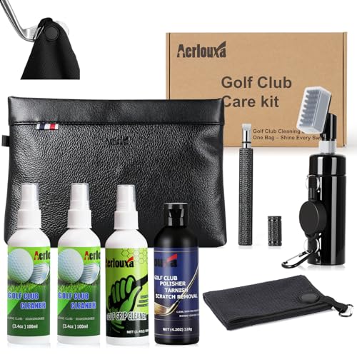 7-in-1 Golf Club Cleaning Kit - Club Cleaner Grip Cleaner Polish Water-Spray Brush Groove Cleaner Magnetic Towel & Portable Bag | Restores Clubs Removes Rust/Scratches Renews Tackiness