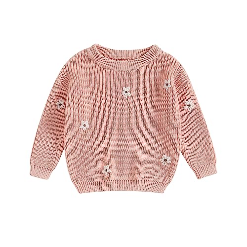 Karwuiio Toddler Baby Girl Boy Knit Sweater Round Neck Long Sleeve Pullover Sweatshirt Fall Winter Clothes (Flower Pink, 9-12 Months)