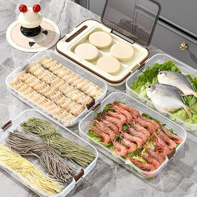 4 Layers Dumplings Storage with Dumpling Maker & Spoon & Dumpling Wrapper Space, Box Organizer Stackable for Various Small Desserts & Cookies with Buckle, Lid & Handle for Fridge, White-Green