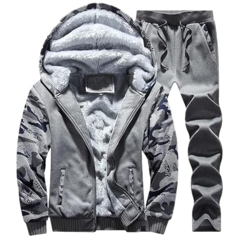RLEHJN Men's Tracksuit Set UK Sale Clearance Winter Warm Jacket Patchwork Hoodies Top Trouser Sets Casual Camouflage Fleece Sweat Suit Sweatshirts Tops Sportswear Suits Loose Sweatsuits 2 Piece Sets Cover