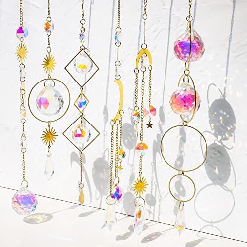 BKpearl 6 Pcs Crystals Sun Catcher, Hanging Suncatchers Beads Chain Sphere Chandelier Lamps Light Pendant for Christmas Day, Wedding, Plants, Cars, Window Décor (Yellow)