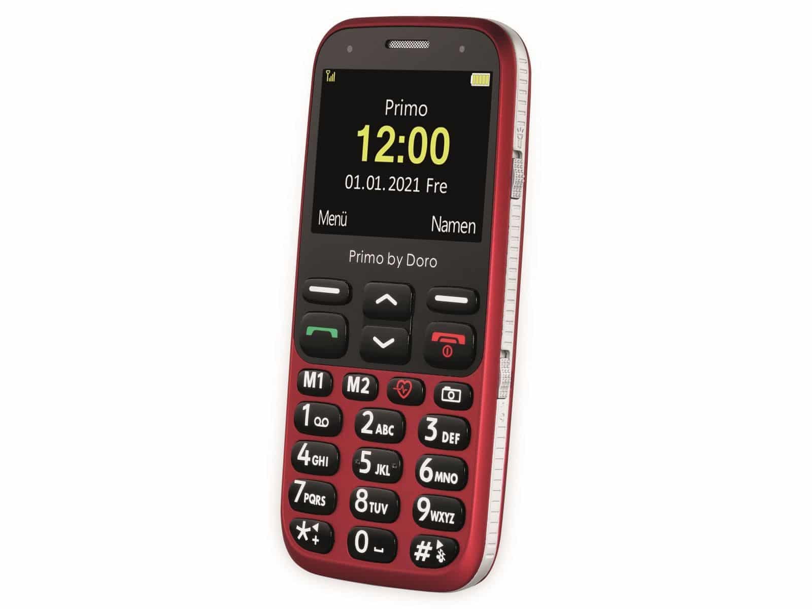 Primo 368 by Doro GSM Mobiltelefon mit froßem Farbdisplay, Fallsensor, Taschenlampe, FM-Radio, Kalender, inkl. Tischladestation, 360086, rot