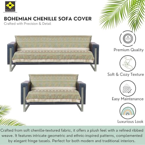 Image of Elegant Woven Green Sofa Cover - Soft Chenille Traditional Pattern with Lace Style | L-Shape Sectional Seat Protector for Living Room | Durable & Stylish Slipcover 3+2 Seater Sofa Cover