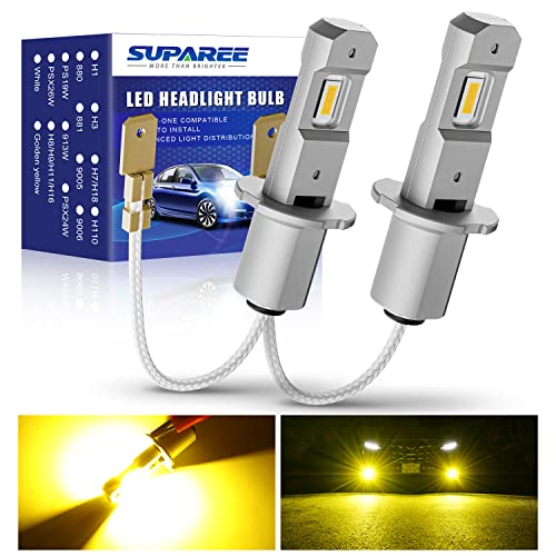 SUPAREE H3 LED Fog Light Bulbs 3000K Yellow 300% Extremely Bright CSP Chips H3 LED Bulbs without Fan, 1:1 Original Size Cord Plug n Play, Fog Light DRL Hi/Lo Beam Bulbs Replacement, Pack of 2 SUPAREE H3 LED Fog Light Bulbs 3000K Yellow 300% Extremely Bright CSP Chips H3 LED Bulbs without Fan, 1:1 Original Size Cord Plug n Play, Fog Light DRL Hi/Lo Beam Bulbs Replacement, Pack of 2