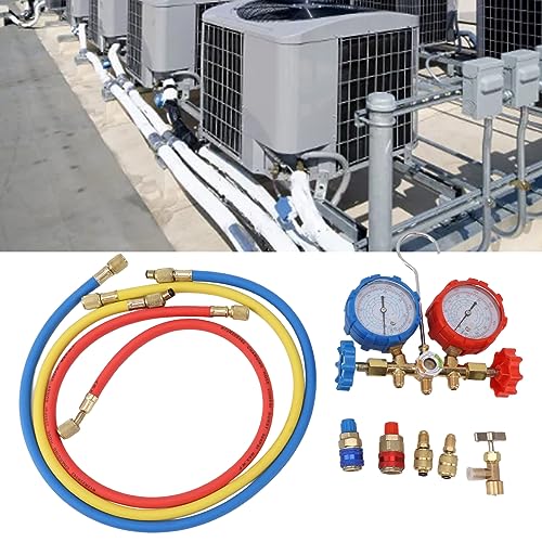Juego de manómetros de diagnóstico AC de 3 vías para refrigerante Freon, carga y recuperación, con conexiones roscadas de latón de 1/4 pulgada y rango de presión de 500 PSI miniatura 2