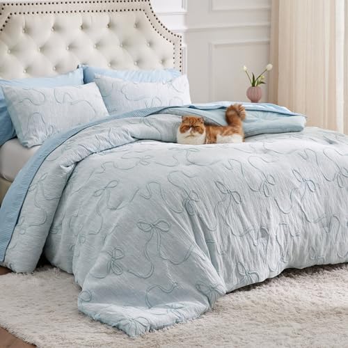 Image of Bedsure Dasty Blue Full Size Comforter Sets for Girls, GentleSoft 3 Pieces Bow Comforter with 2 Pillow Shams, Cute Girls Full Size Bedding Sets Room Decor Aesthetic Bedroom Decor, 82x86 Inches