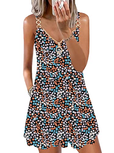 Miselon Women's Bohemian Dress Floral Pattern Strappy Sleeveless V-Neck Casual Swing Sundress With Pockets Multi Color, M #TOP19