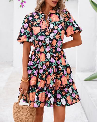 Image of BTFBM Women Summer Floral Short Dresses V Neck Short Sleeve Tiered Ruffle Boho Swing Dress A-Line Mini Dresses