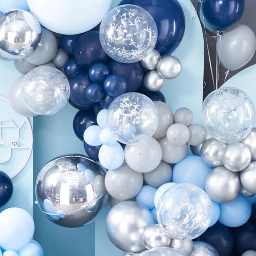 Image of PartyWoo 140 pcs Blue Balloon Arch Kit Garland Navy and Light Baby Blue Silver Gray 4D Foil and Glitter Balloons for Baby Shower Gender Reveal Graduation Wedding Birthday Party Decorations