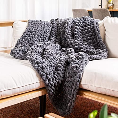 SAMIAH LUXE Chunky Knit Blanket 50x60 Graphite - Dark Gray Luxury Chenille Blanket for Farmhouse Decor; Boho Decor Throw Blanket for Fall Decor; Tight Braided Thick Cable Knit Throw for Couch or Bed