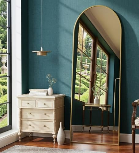 Image of Arched Full Length Floor Mirror with Black Metal Frame Freestanding with Stand for Living Room Bedroom Dressing Mirror Decorative Home Decor Full SizeUse (1, Golden, Large)