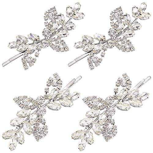 4 Pieces Rhinestone Bridal Hair Clip Leaf Wedding Hairpin Bride Pearl Crystal Hair Clips Rhinestone Barrette Elegant Bridal Hairpins Hair Accessories for Girls (Silver,Rhinestone Style)
