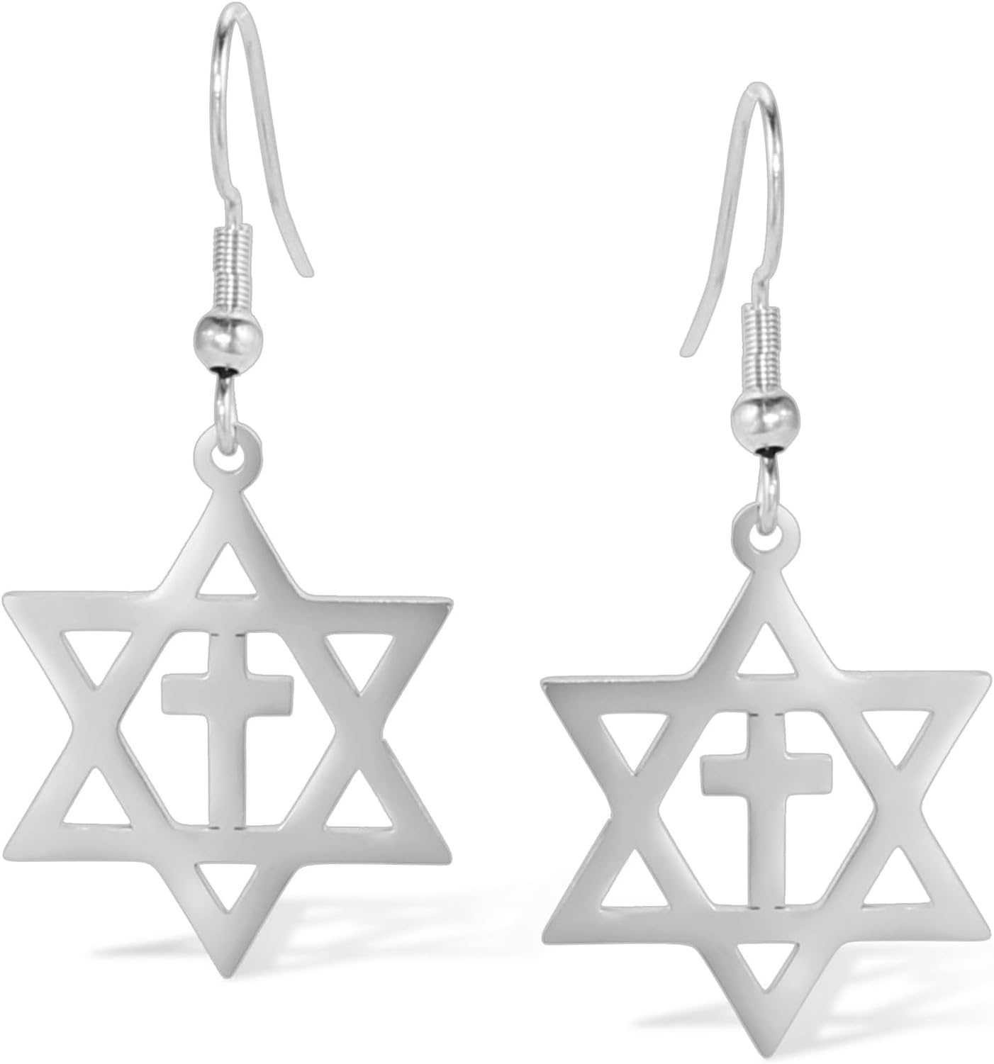 KGAIXN Gold Israeli Star Earrings Stainless Steel Six Pointed Dangle Star of David Drop Earrings Women Christian Jewish for Cross Hanukkah Religion Gift Idea, Cross-Silver