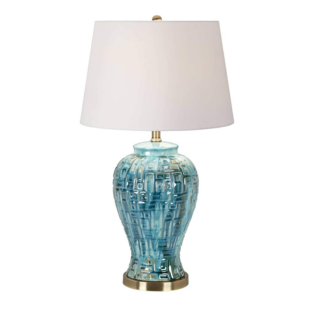 LED Table Lamp Ceramic Table Lamp Teal Glaze Patterned Temple Jar White Shade for Living Room Family Bedroom Bedside Lamp