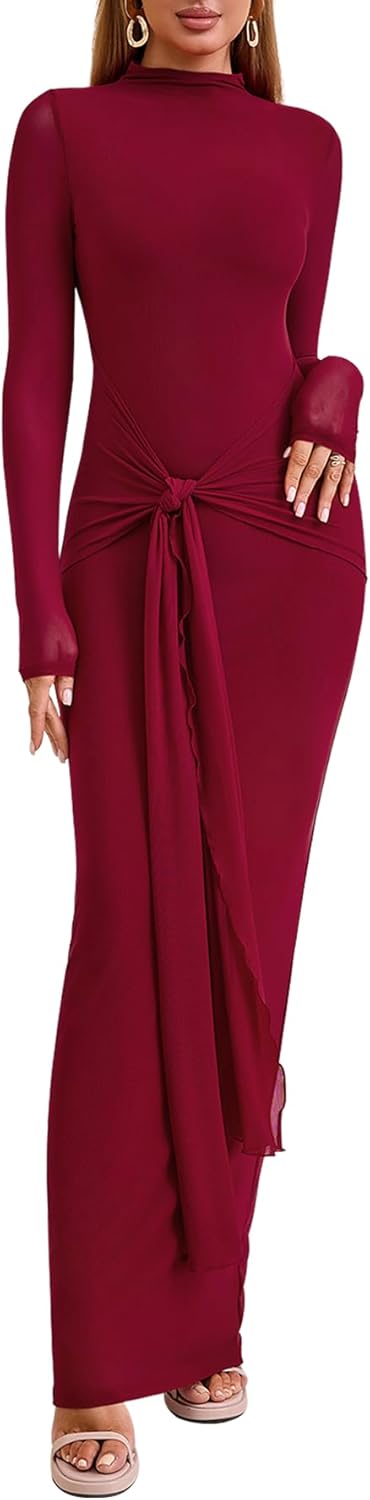 Women's Long Sleeve Bodycon Maxi Dress Mesh Tie Sexy Backless Fall Formal Wedding Guest Party Cocktail Dresses