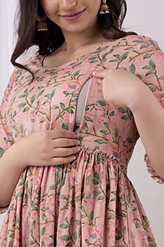 Image of Women's Cotton Anarkali Comfortable Maternity Feeding Kurta Dress with Zippers