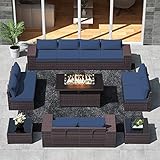 ASJMR Outdoor Patio Furniture Set with Gas Fire Pit Table, 13 Pieces Outdoor Furniture Set Patio Sectional Sofa w/43in Propane Fire Pit, PE Wicker Rattan Patio Conversation Set - Navy