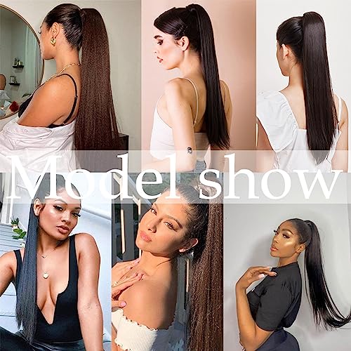 prinfantasy Straight Ponytail Extensions Long Wrap-around Pony Tail Synthetic Clip-on women鈥檚 wig Dark Brown Hairpiece 22 Inch,GBMW047 - Image 4