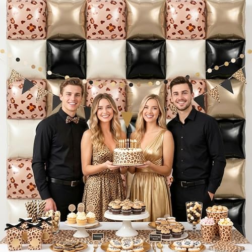 Image of Xqumoi Cheetah Print Square Foil Balloons Wall Backdrop - 36pcs Mixed Color Leopard Print Balloon Kit, Party Decor for Birthday, Bachelorette, Wild Theme Party Photo Booth Backdrop (Black & Brown)