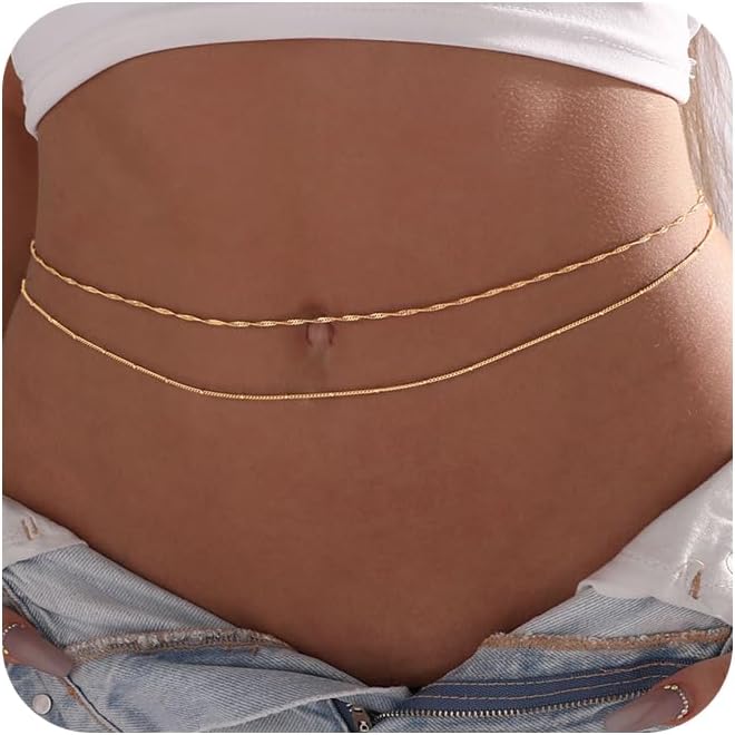 2PCS 18K Gold Plated Waist Chain Satellite Body Chain Layered rope Waist Chains Sexy Bikini Beach Waist Chain for Women Waterproof Adjustable 26.5-33Inch