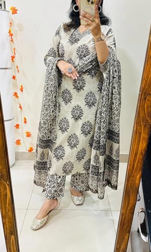 Image of ANNI Designer Women Viscose Blend Straight Fit Printed Kurta Pant Dupatta Set | V Neck Three Quarter Sleeve Outfit | Soft Breathable Fabric | Comfortable Elegant Styling for Office Casual Wear