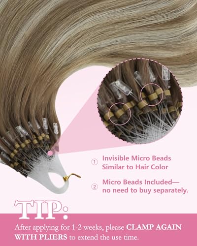 Image of YoungSee Microbead Hair Extensions Ombre Micro Loop Hair Extensions Real Human Hair Balayage Light Brown with Blonde Micro Hair Extension Human Hair Silky Straight for Date 22 Inch 50s 57g