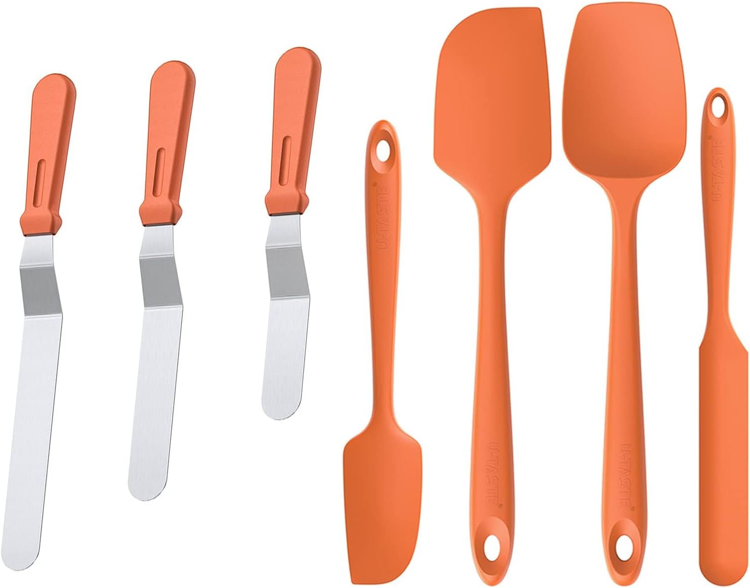 U-Taste 18/0 Stainless Steel Icing Spatula with PP Plastic Handle, and Upgraded 600ºF High Resistant Flexible and Sturdy Silicone Spatula Set of 4 (Orange)
