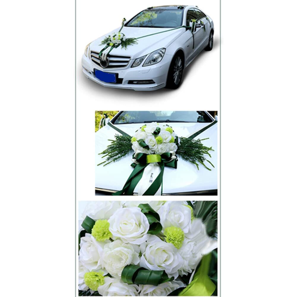 Surakey Décoration Voiture Mariage Fleurs Artificielles Vert Nœud Papillon Ruban Satin Décoration de Voiture de Mariage Romantique Roses Décoration de Voiture pour Mariée Fête de Mariage