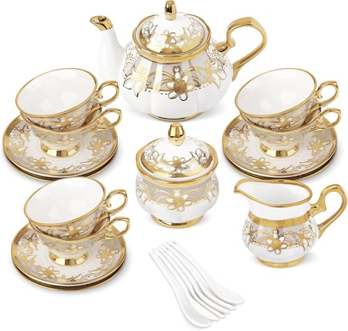 fanquare 21 Pieces Porcelain Tea Set with Sugar Bowl Creamer, Cup and Saucers for 6, Royal Floral Tea Service with Gold Trim for Party Wedding Birthday Gifting