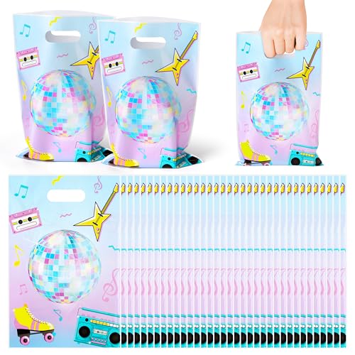 50 Pcs Disco Party Favor Bags Retro 70s 80s 90s Disco Ball Music Dance Plastic Goodie Bags with Handles Hip Hop Candy Treat Gift Bags for Back to the 1980s Hippie Birthday Party Supplies Decorations