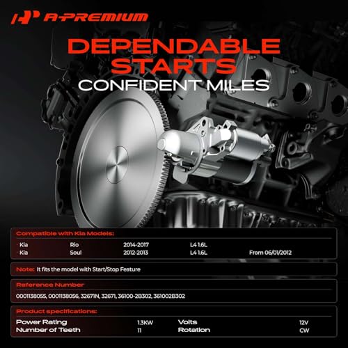 A-Premium Starter Motor Compatible with Kia Soul 2012-2013, Rio 2014-2017, 1.6L, 12V 1.3KW 11-Teeth Clockwise, Start/Stop Feature, Replace# 0001138055, 0001138056 by A-Premium - Image 2
