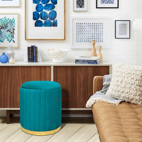 Image of Round Velvet Luxurious Storage Ottoman, Pouf with Storage Vanity Stool Chair,Upholstered Foot Rest Stool with Gold Strip Base for Living Room or Bedroom (Aqua., Large-40Dx40Wx46H)