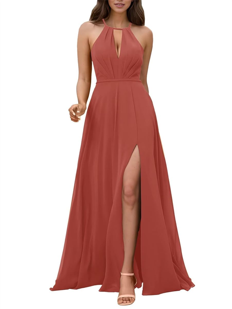 Women's Chiffon Bridesmaid Dresses for Wedding A Line Long Formal Evening Party Gowns with Slit